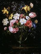 Juan de Arellano Clematis, a Tulip and other flowers in a Glass Vase on a wooden Ledge with a Butterfly France oil painting artist
